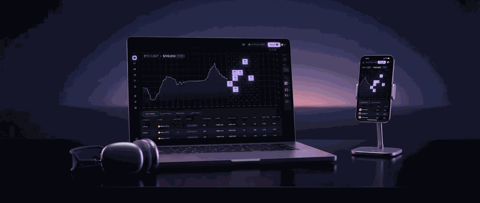 Real-time cryptocurrency prediction market with live price action chart and floating prediction boxes showing 2.5x and 4.8x multipliers