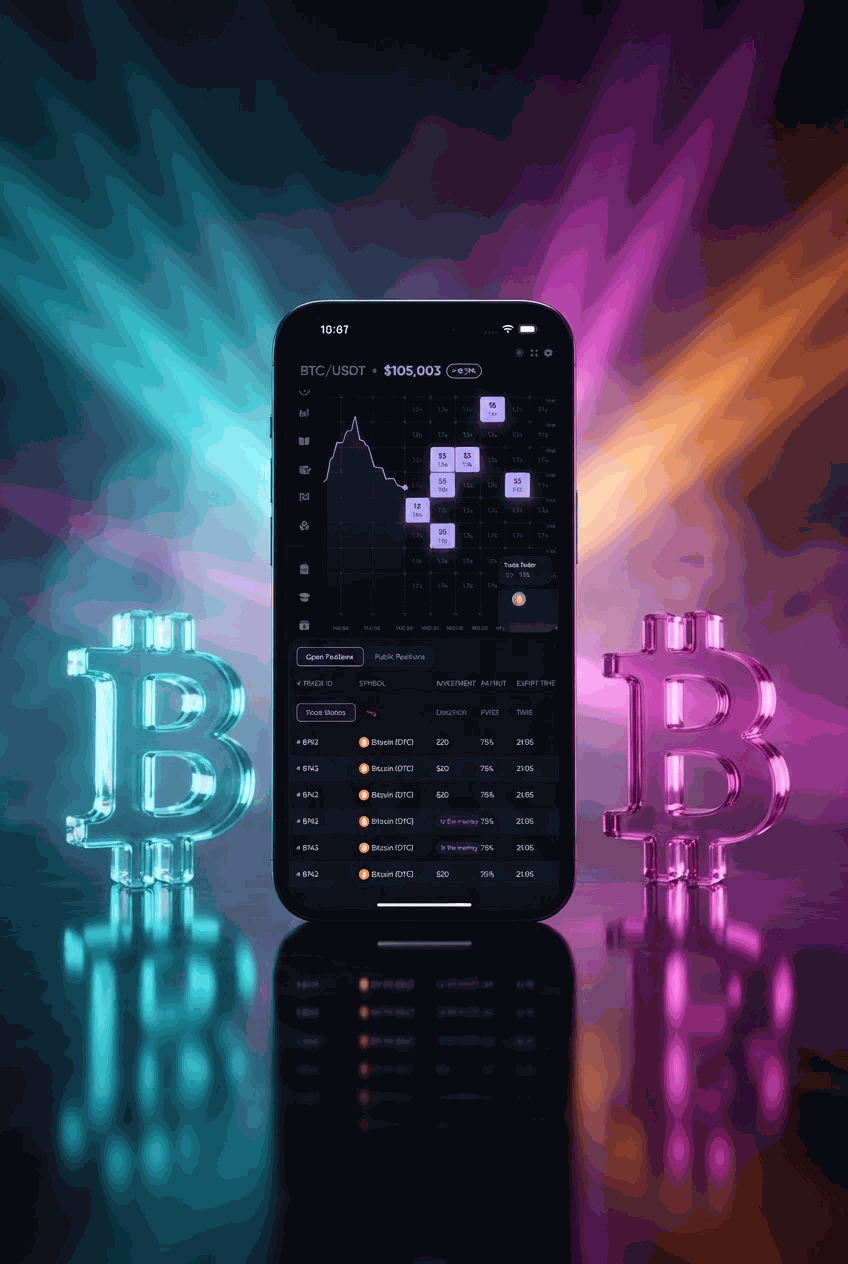 Instant price prediction mobile app interface with cryptocurrency prediction boxes and real-time price action