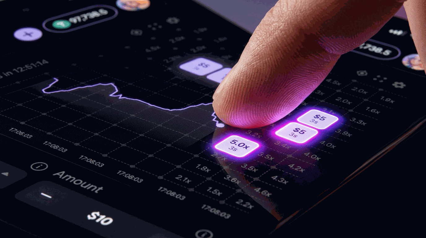 Tap Trading on tablet — finger tapping a 5.0× multiplier box on the live crypto price chart